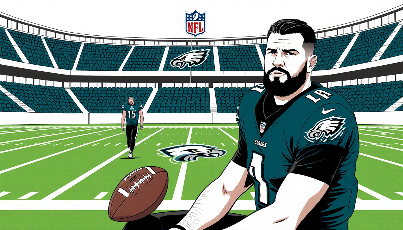 Travis Kelce sits on grass with a football and arm around Jason walking toward him with Eagles logo and NFL shield behind.