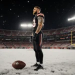 Travis Kelce stands alone on Arrowhead Stadium field at night with snow-covered stands behind him and a football on ground