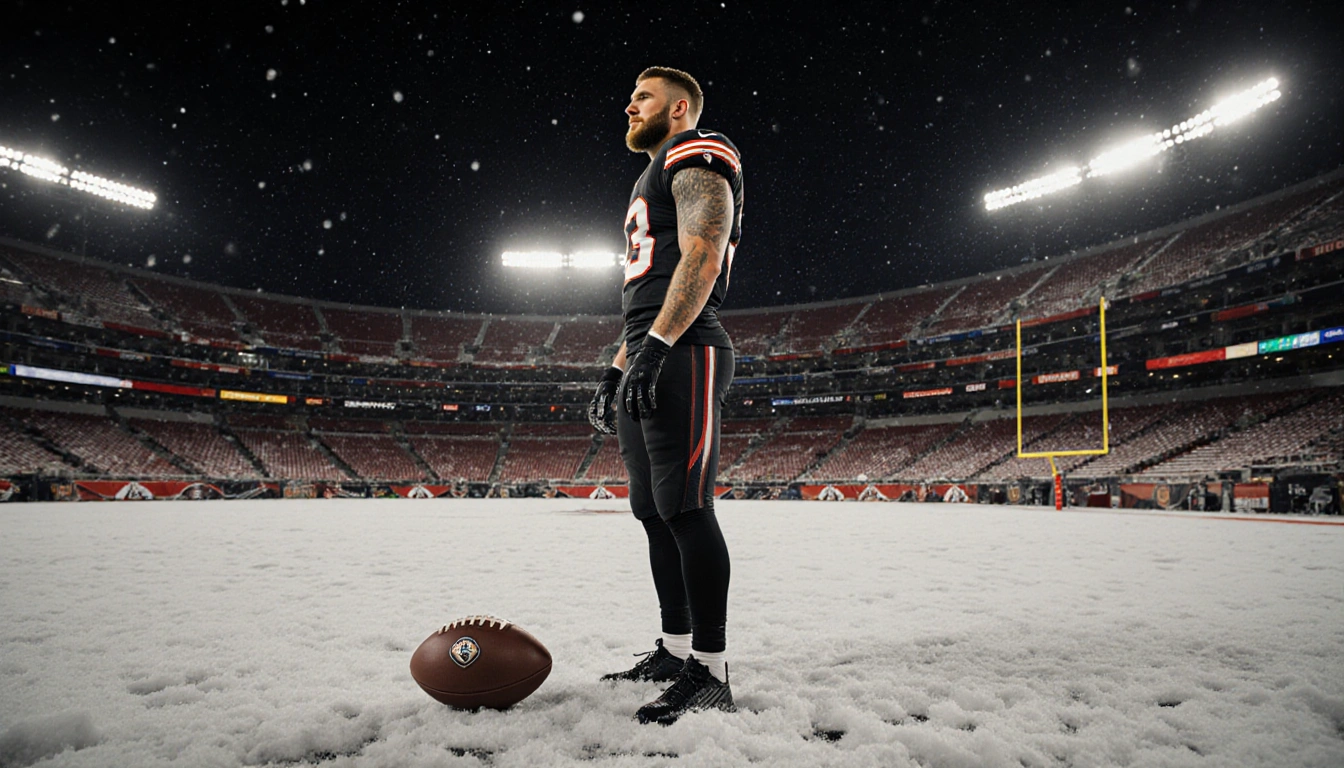Travis Kelce stands alone on Arrowhead Stadium field at night with snow-covered stands behind him and a football on ground