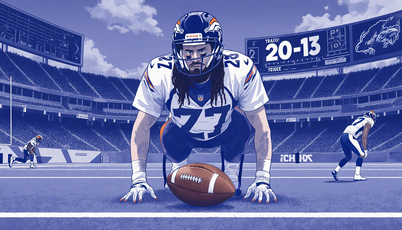 Travis Kelce standing on football field with football at his feet and Broncos player behind him with scoreboard showing 20-13