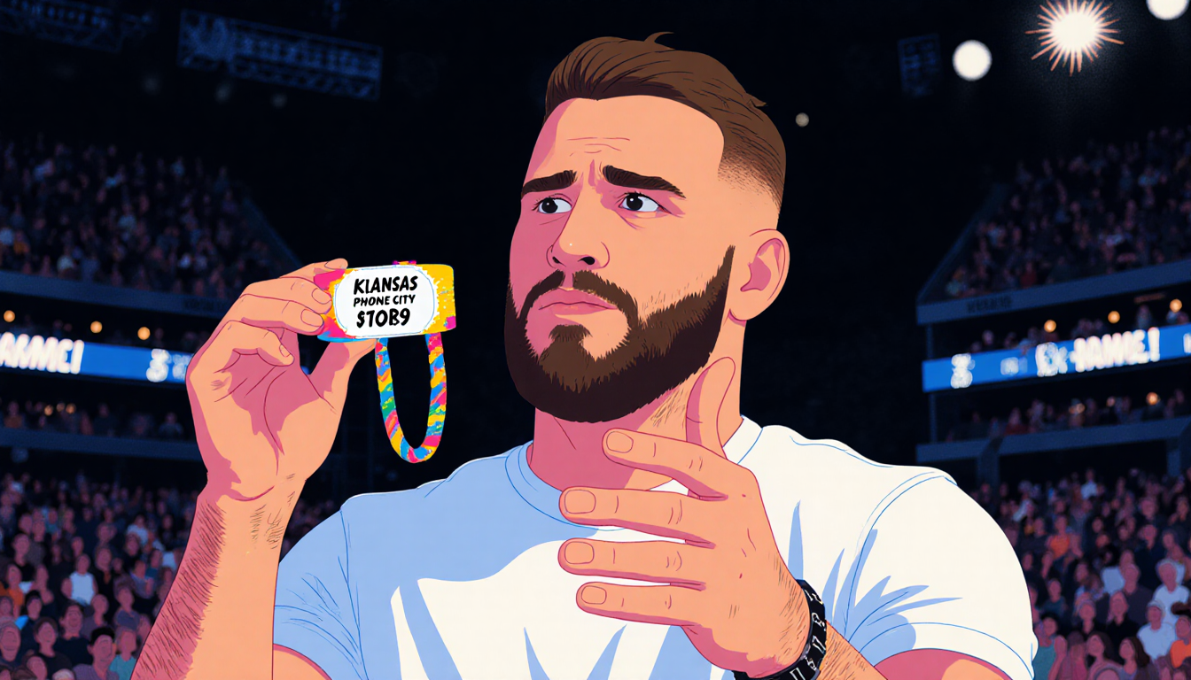 Travis Kelce presenting a friendship bracelet with his phone number amid dimly lit stadium lights and a blurred crowd.