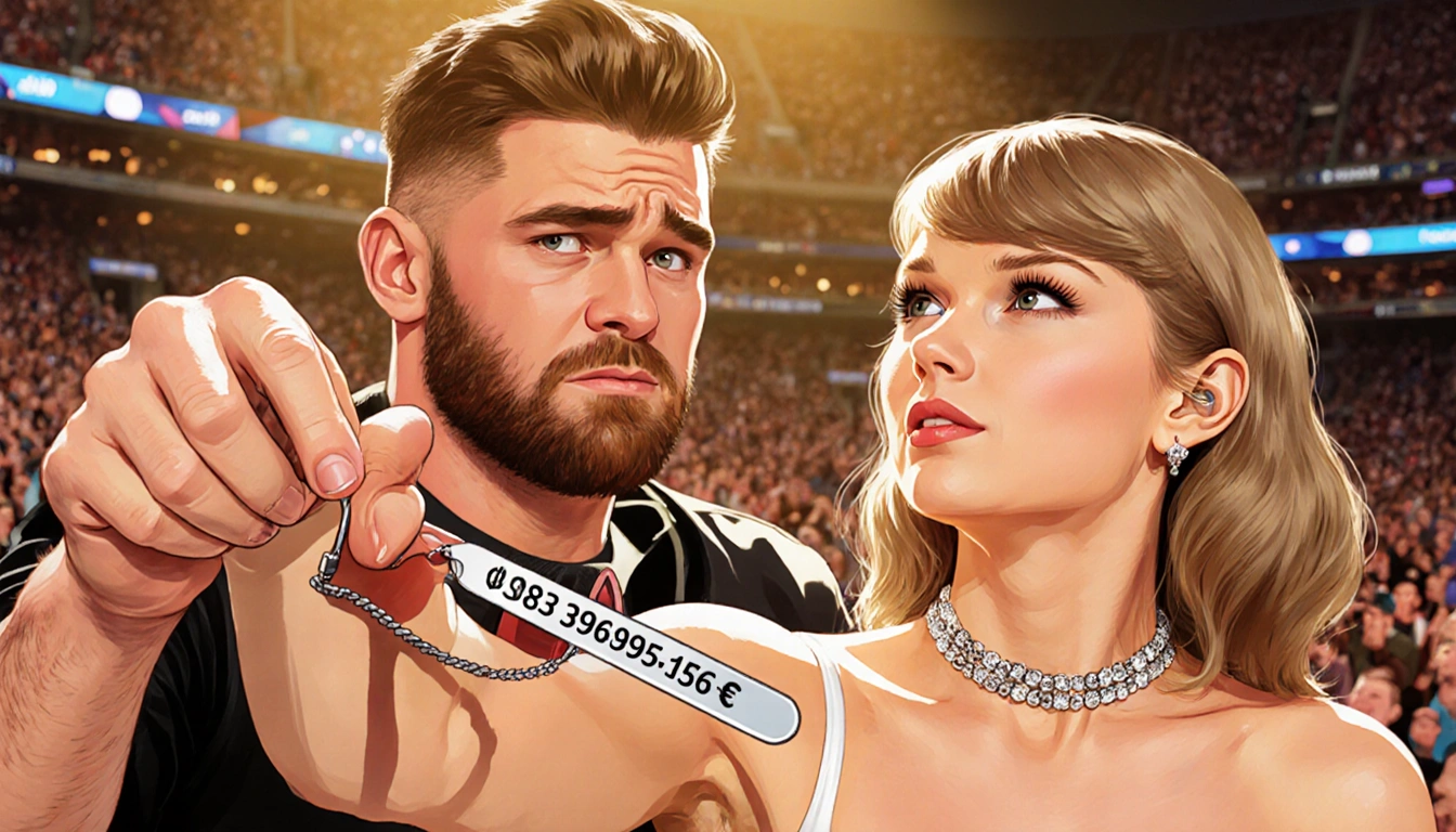 Travis Kelce offering a bracelet with his phone number to Taylor Swift with surprised look amid warm concert lights