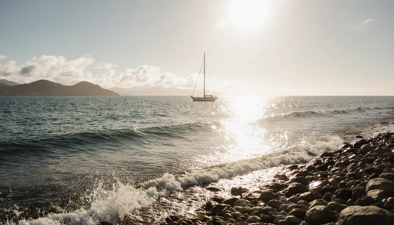 Solitary sailboat glides across calm Channel Islands water with gentle wave against Ventura County rocks under warm sun