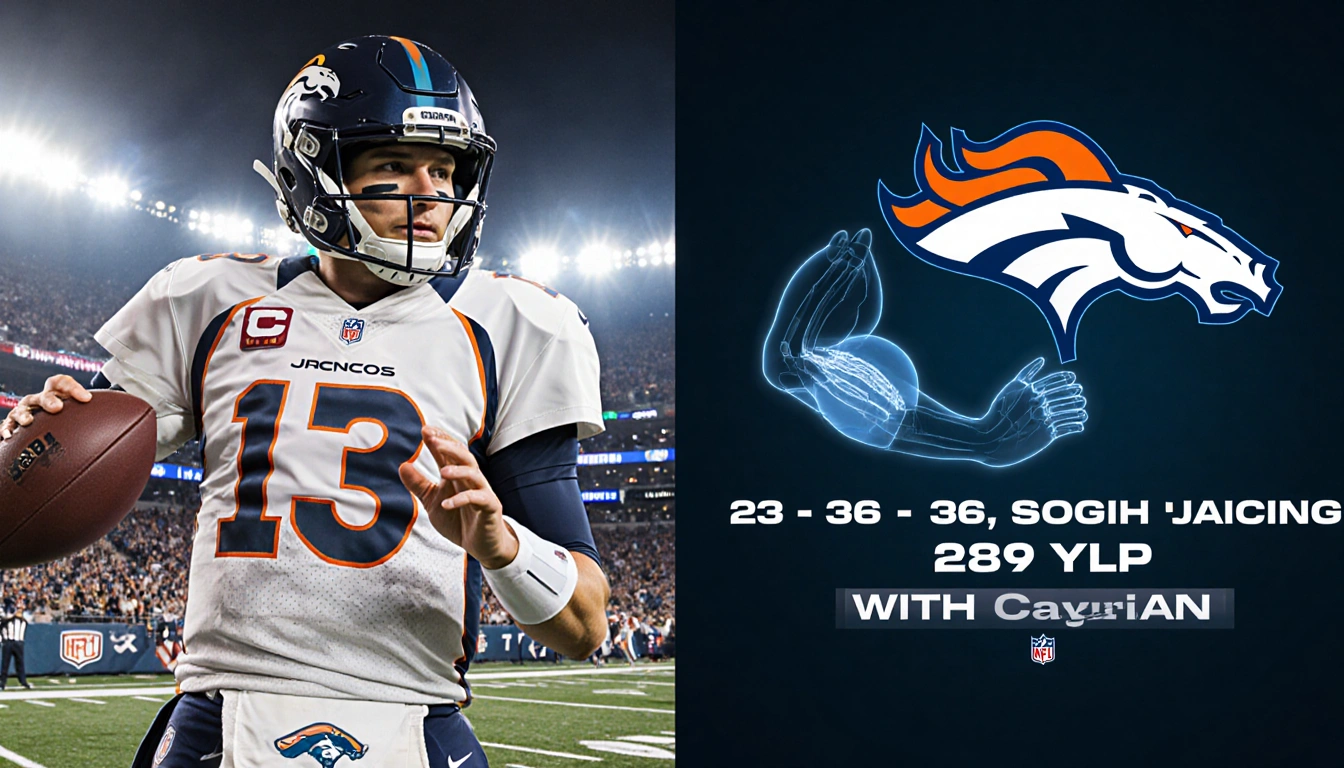 Trevor Lawrence completing a touchdown pass with Broncos logo behind and arm x-ray showing 23 completions and 279 yards
