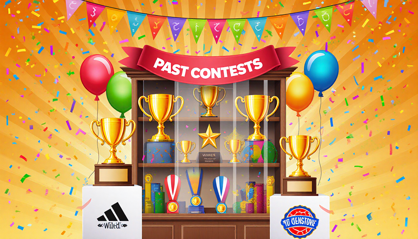 Colorful trophies display in trophy case with confetti and balloons and Past Contests banner.