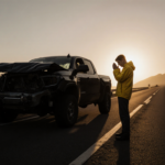 Figure in yellow rain jacket stands beside twisted black truck staring at hands with sunset shadows and road