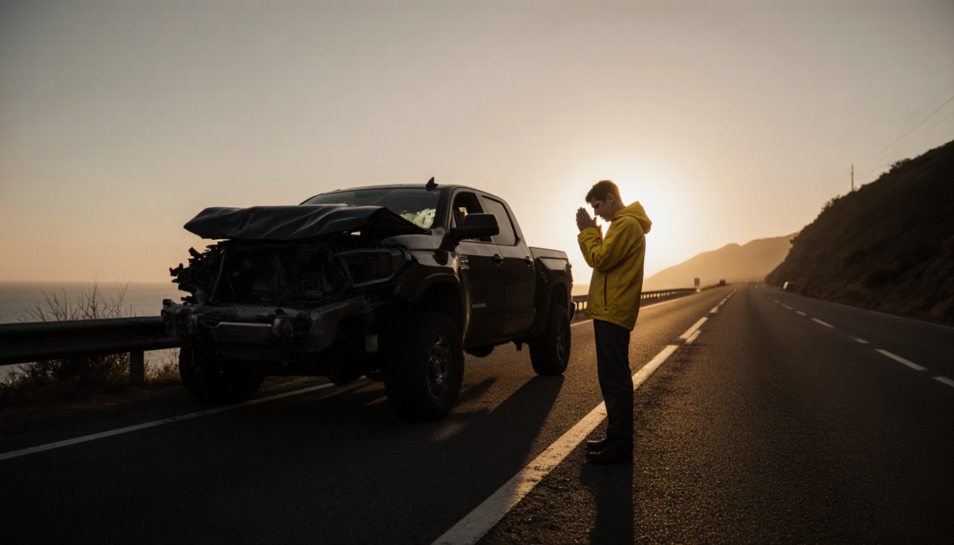 Figure in yellow rain jacket stands beside twisted black truck staring at hands with sunset shadows and road