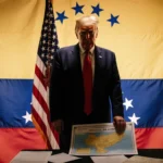 President Trump standing with American flag and scattered papers hinting at Venezuelan symbols in background
