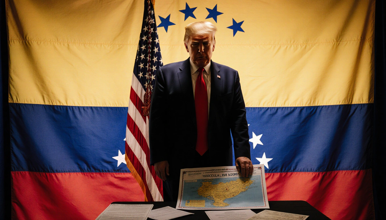 President Trump standing with American flag and scattered papers hinting at Venezuelan symbols in background
