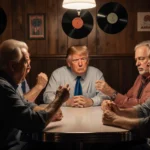 Middle‑aged Trump supporters debate heatedly with animated gestures near a vintage diner booth set with American flags and vi