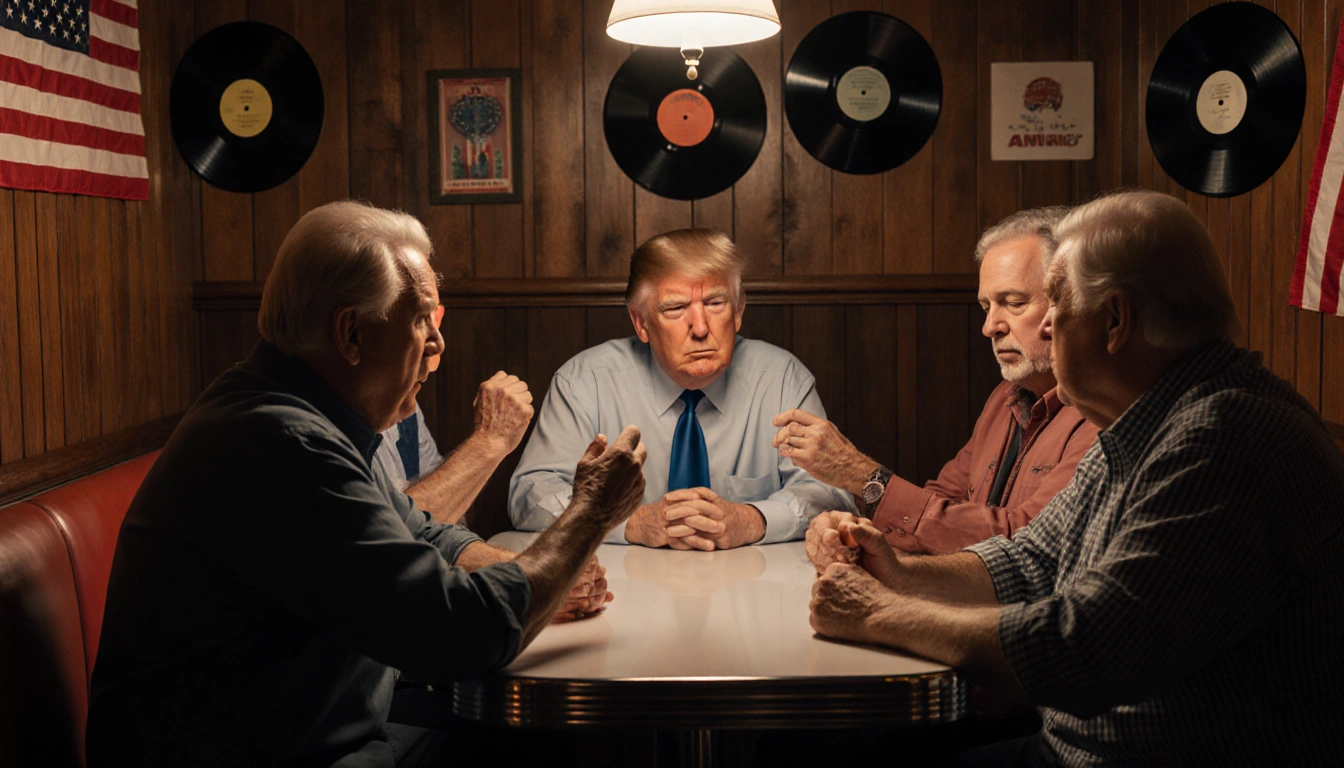 Middle‑aged Trump supporters debate heatedly with animated gestures near a vintage diner booth set with American flags and vi