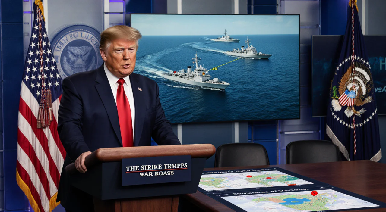 President Trump speaking to Congress on Capitol Hill with a screen showing naval vessels and a table of maps of strikes.