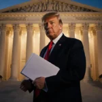 Trump stands at dusk courthouse shaking hands with lawyer while holding stack of documents and glowing golden light.