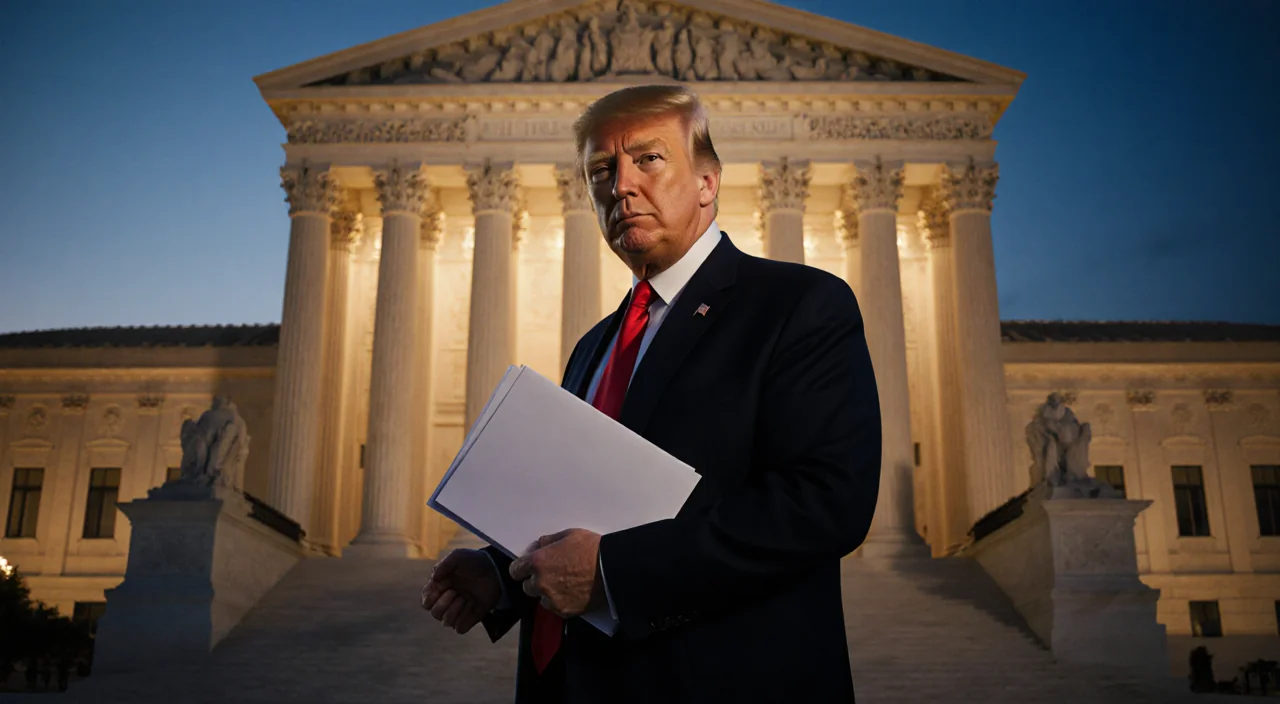 Trump stands at dusk courthouse shaking hands with lawyer while holding stack of documents and glowing golden light.