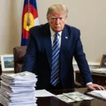 Trump standing at his desk with a large stack of papers and bills and the Colorado flag behind him