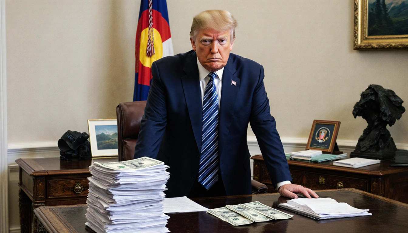 Trump standing at his desk with a large stack of papers and bills and the Colorado flag behind him