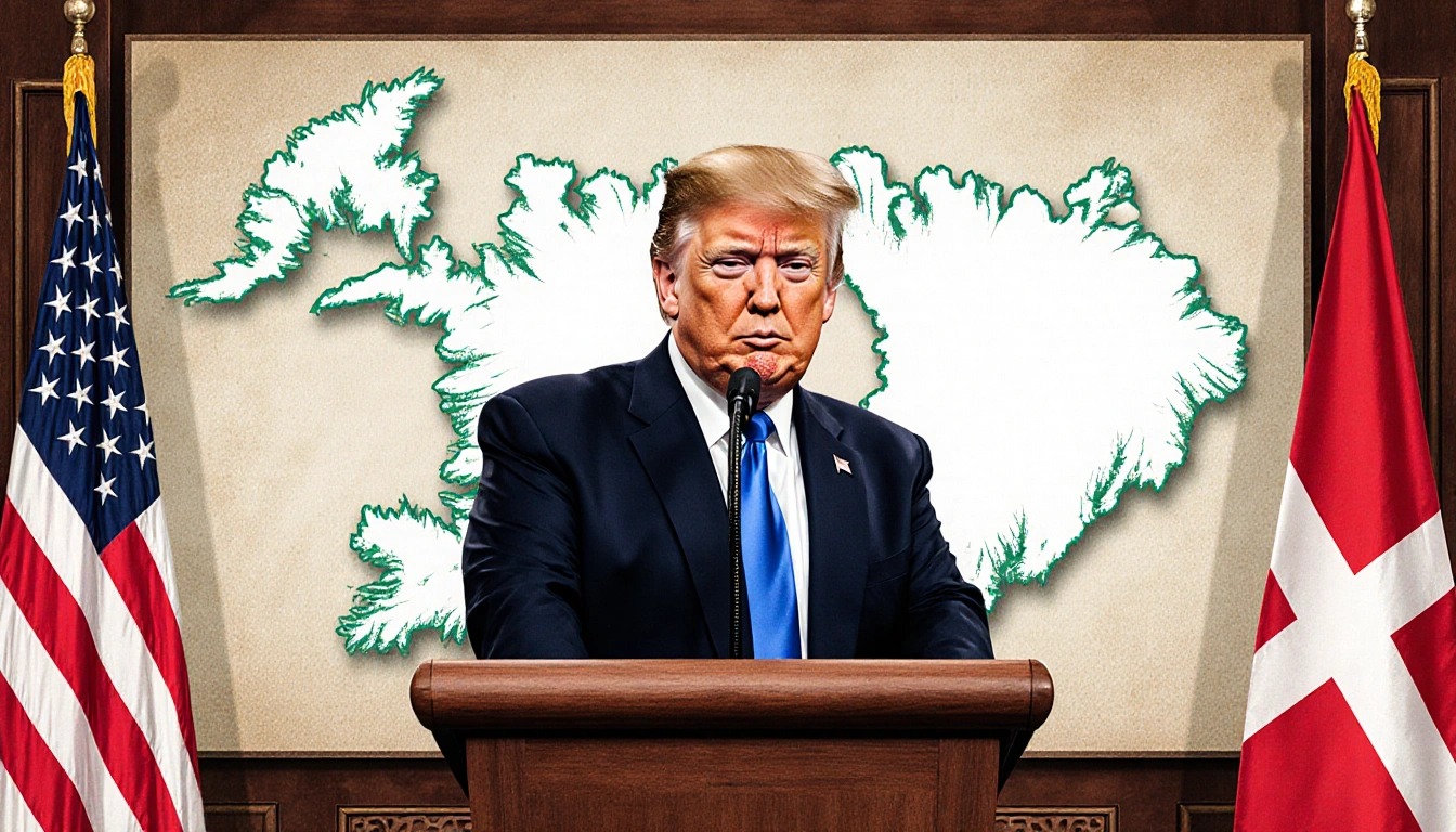 President Trump stands in front of a map of Greenland with USA and Denmark flags and a wooden podium