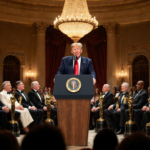 President Donald Trump standing at podium with Hollywood legends and trophies behind Kennedy Center