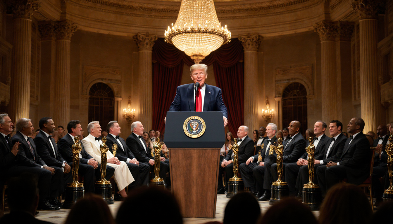 President Donald Trump standing at podium with Hollywood legends and trophies behind Kennedy Center
