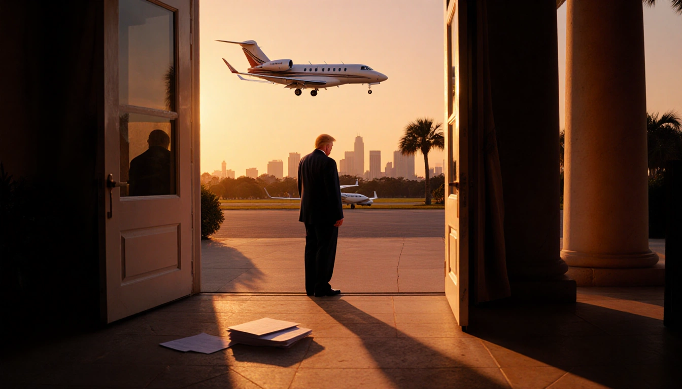 Private jet taking off from Mar-a-Lago with a blurred Trump figure standing nearby and a stack of documents on the ground.