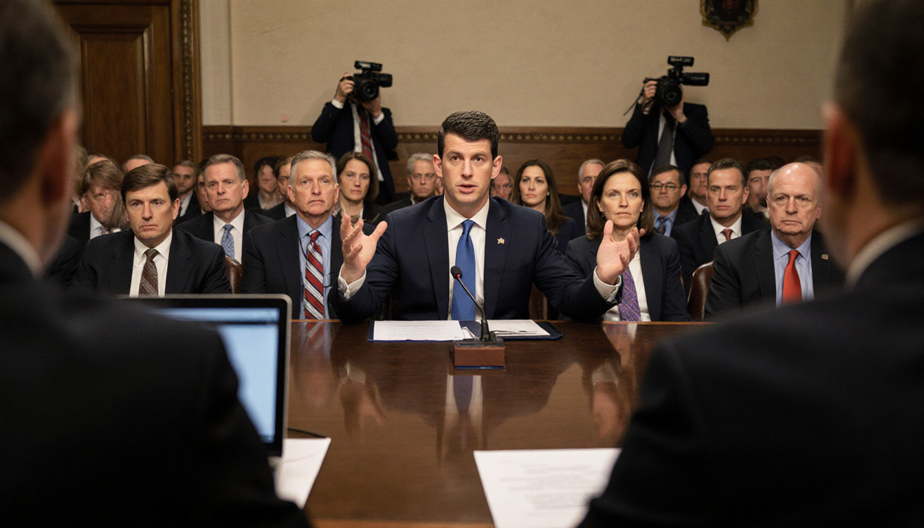 Donald Trump Jr. stands confidently gesturing with senators and cameras in a tense Senate hearing room