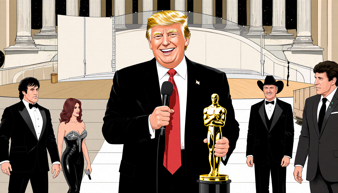 Donald Trump standing on stage holding a gold statuette and microphone with renovation background