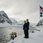 President Trump standing on fjord edge looking out over water with polar bear on ice and flag waving behind him.