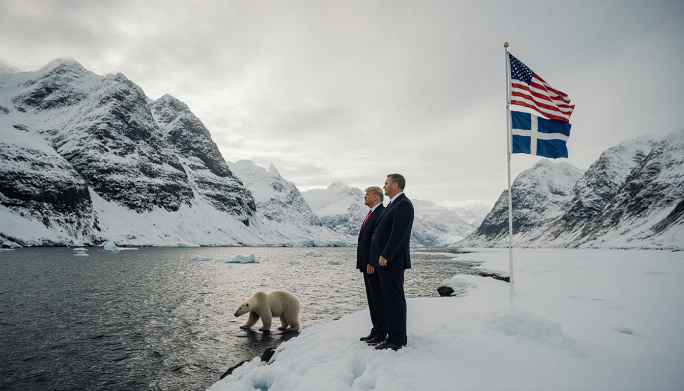 President Trump standing on fjord edge looking out over water with polar bear on ice and flag waving behind him.