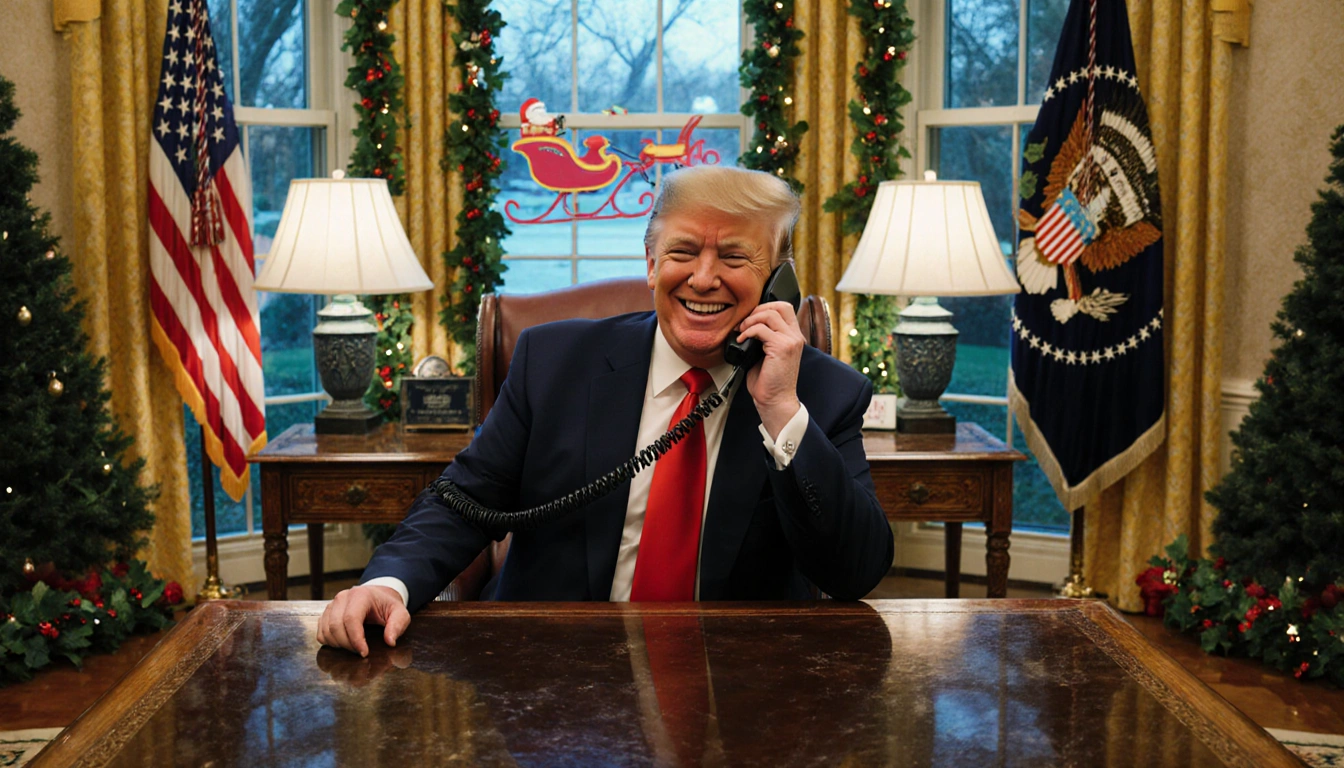 President Trump laughing while holding a phone to his ear in a festive office with NORAD sleigh behind.