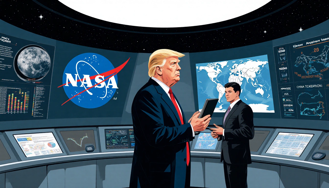 President Donald Trump standing in front of NASA logo with Jared Isaacman looking at tablet