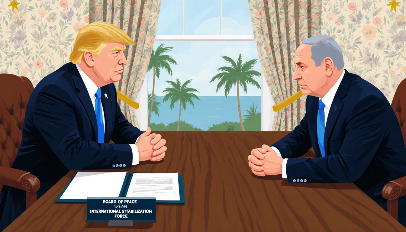 Trump and Netanyahu clasp hands across a desk with peace folder and ceasefire agreement
