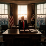President Trump standing behind desk in Oval Office with empty chairs and scattered papers and crowd outside window.