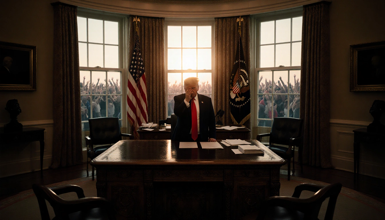 President Trump standing behind desk in Oval Office with empty chairs and scattered papers and crowd outside window.