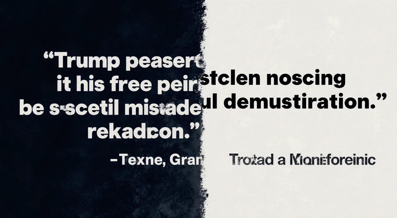 Split-screen shows quotes with subtle background noise: left depicts manipulated speech, right urges peaceful demonstration.