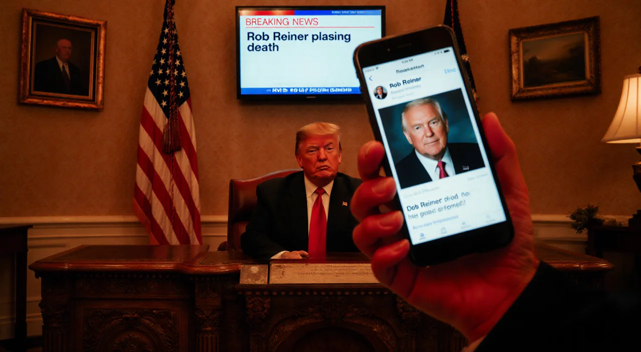 President Trump holding phone showing Reiner death headline with faded flag and TV breaking news screen in background.