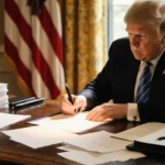 Trump signing an executive order with a cluttered wooden desk and American flag backdrop and golden light