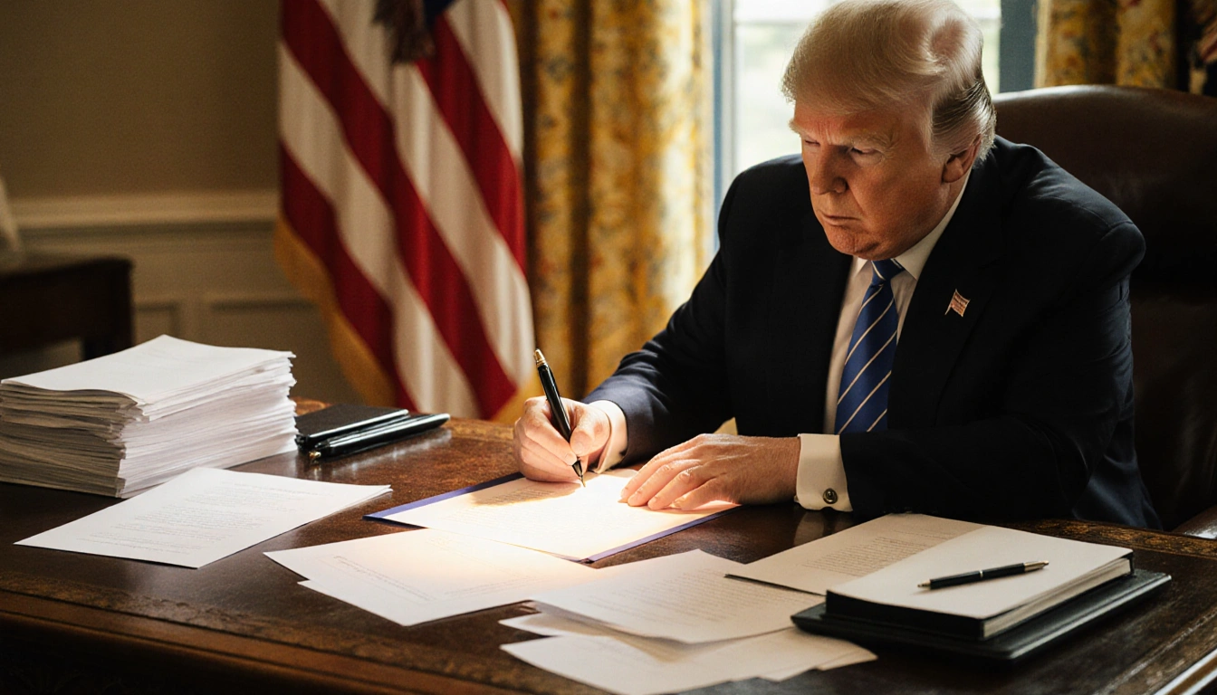 Trump signing an executive order with a cluttered wooden desk and American flag backdrop and golden light