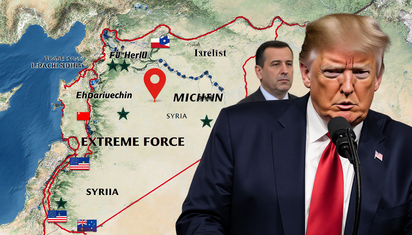 President Trump standing before a Syria map with a red marker and bold text declaring retaliation.