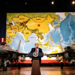 President Trump addressing crowd with F‑16 jets loaded with missiles and a Taiwan map backdrop under golden lighting