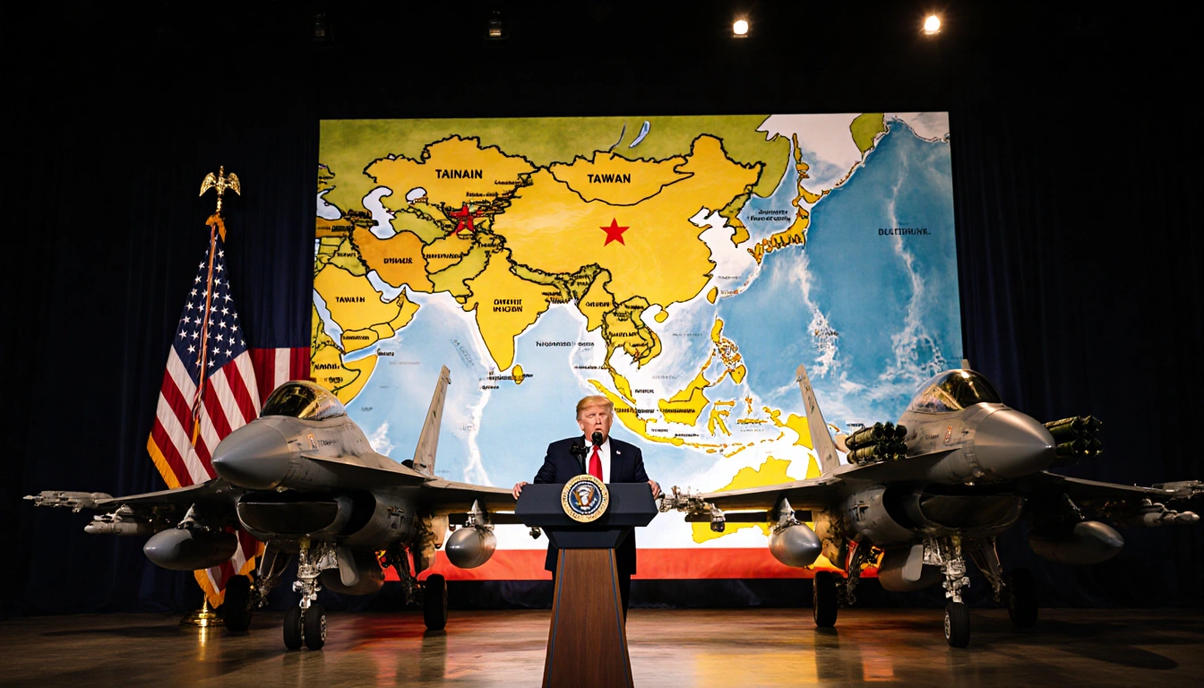 President Trump addressing crowd with F‑16 jets loaded with missiles and a Taiwan map backdrop under golden lighting