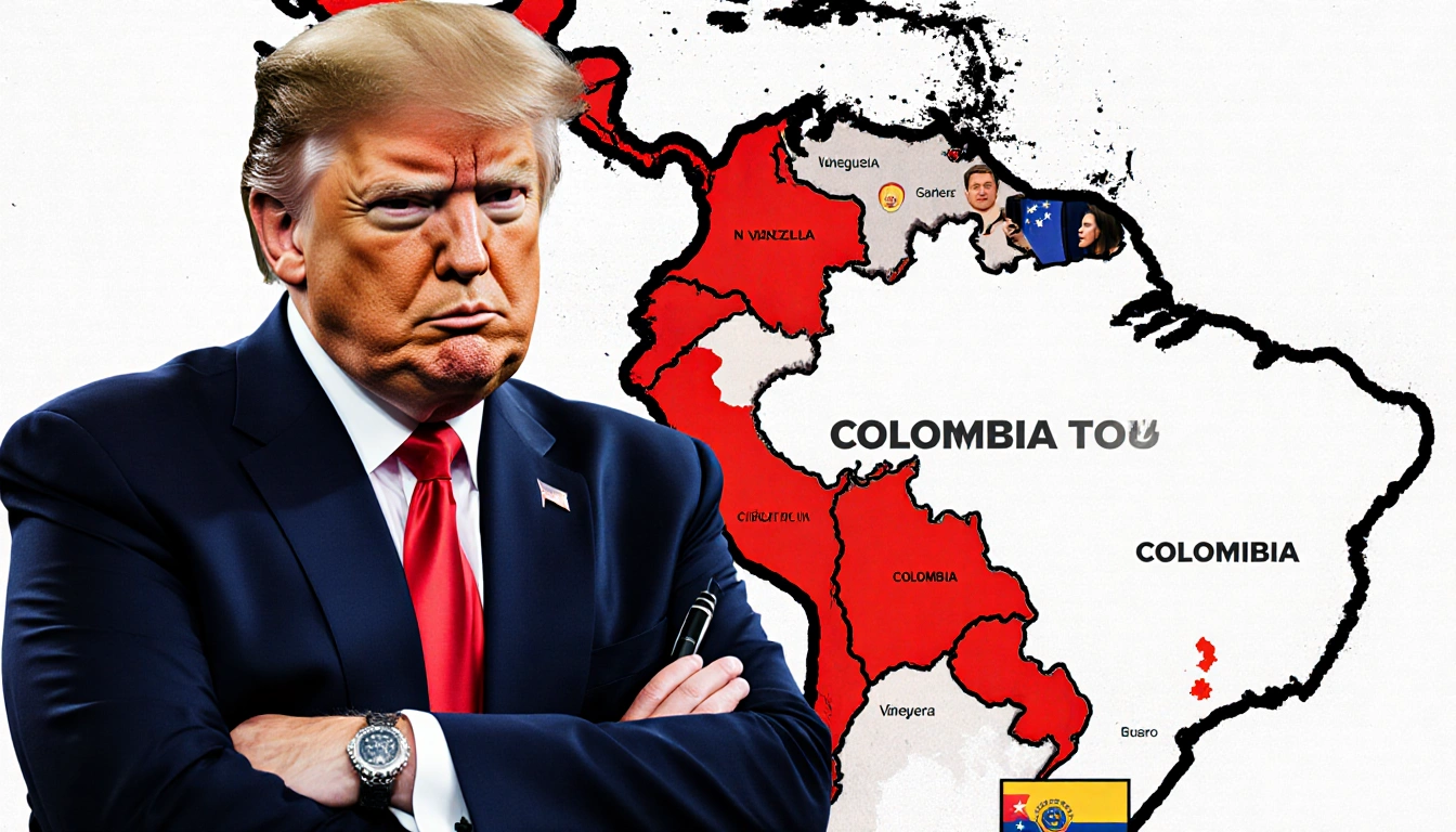 President Trump standing before South America map Venezuela and Colombia highlighted red pen and arms crossed near border.