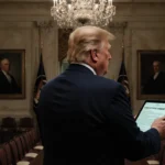 President Trump standing with arms crossed in dim White House ballroom with glowing tablet showing AI regulation headline