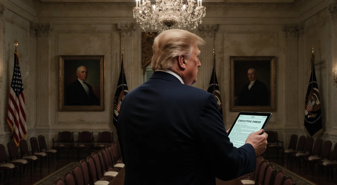 President Trump standing with arms crossed in dim White House ballroom with glowing tablet showing AI regulation headline