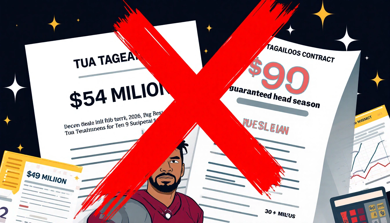 Split-screen graphic displays Tua Tagovailoa contract with $54 million guaranteed and a red X over $99 million dead money