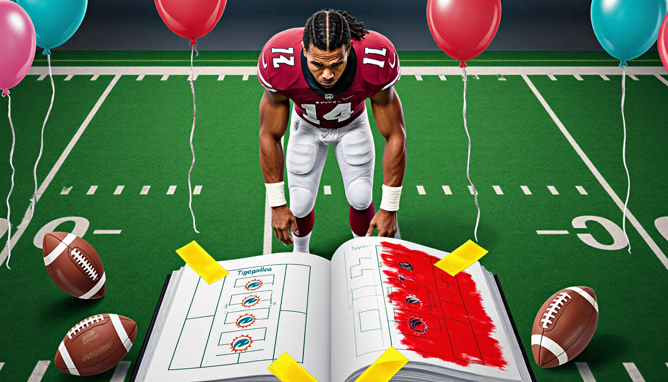 Tua Tagovailoa looks down on the gridiron and the Dolphins playbook on the ground showing footballs and deflated balloons.
