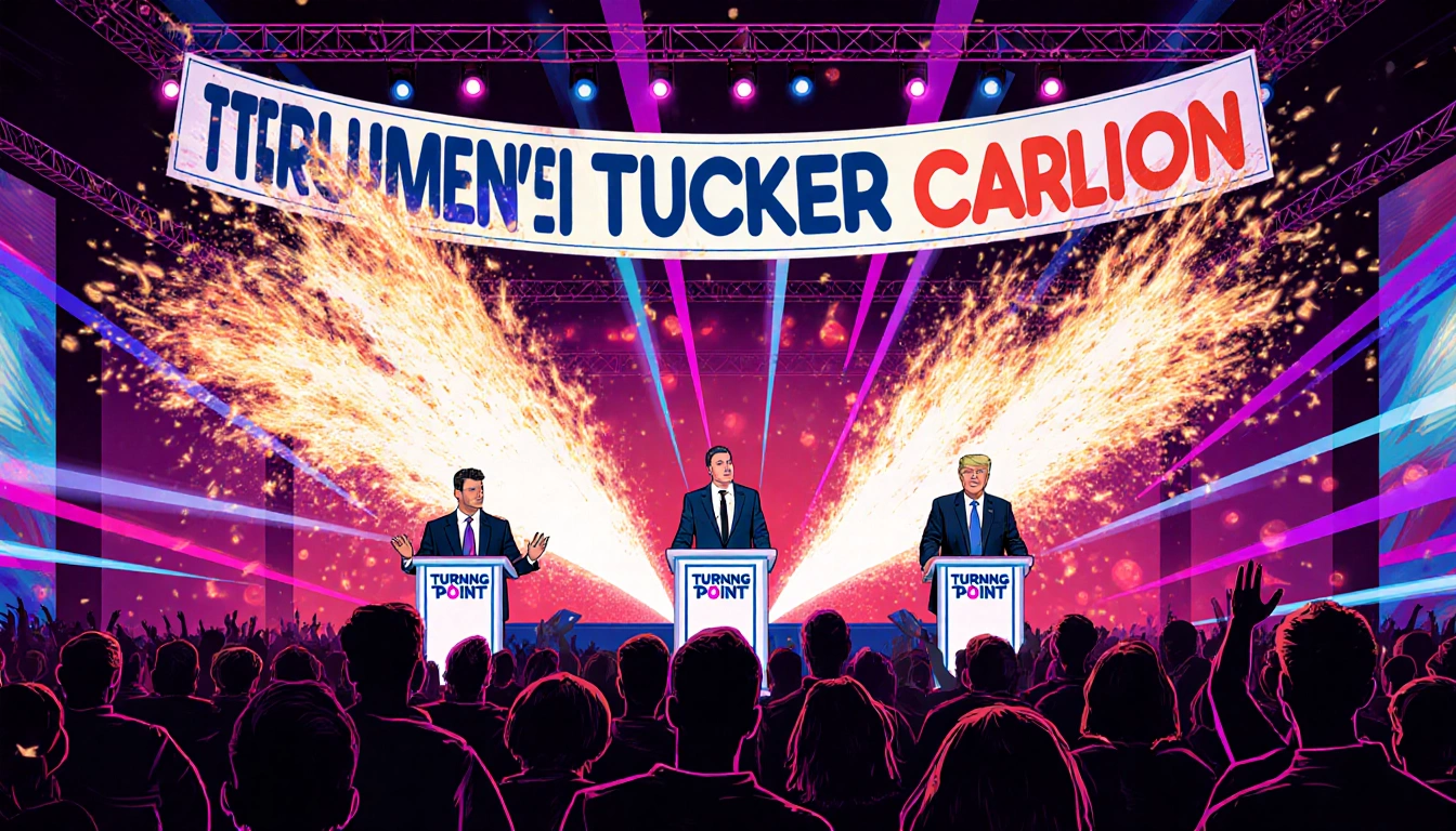 Concert stage erupts with pyrotechnics and neon graphics with Trump Jr. banner above Tucker Carlson showing a feud.