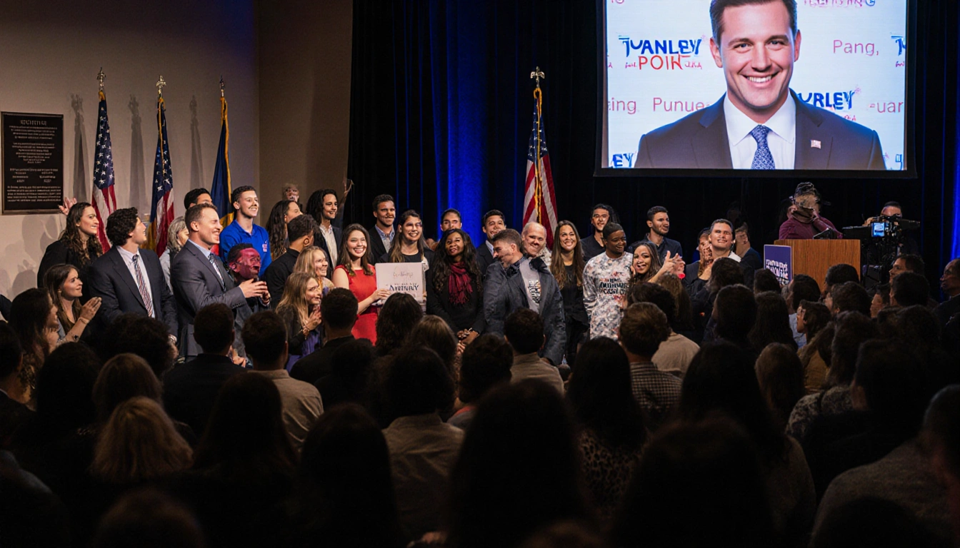 Diverse students from Turning Point USA gather around a podium with a Charlie Kirk memorial plaque and banner showing hope an