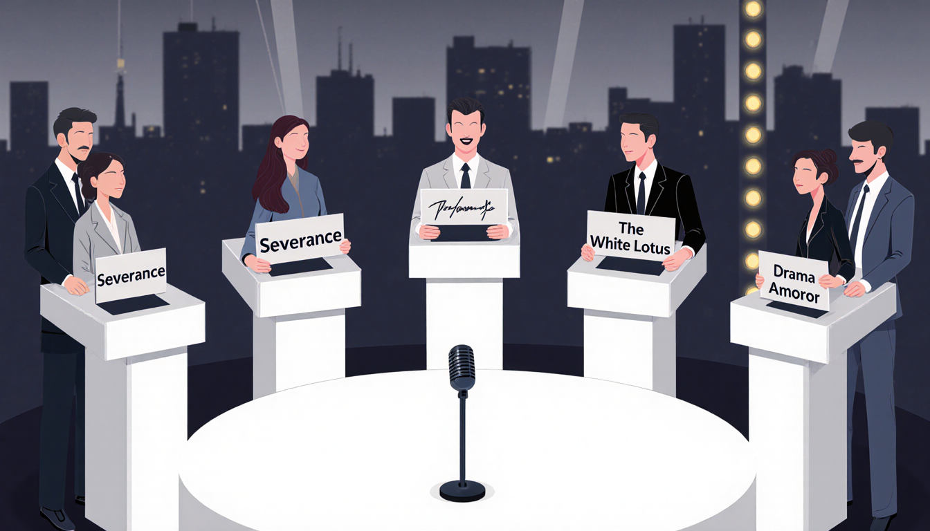 Nominees stand at podiums holding title cards with a central microphone and blurred studio lights in the background