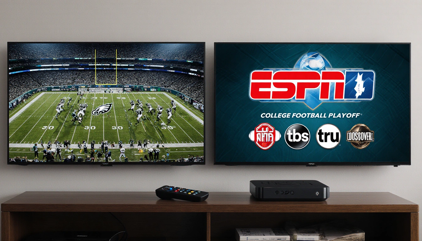 Two TV screens side by side show Eagles game on Fox and ESPN CFP licensing with remotes and streaming device in foreground