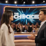 Contestant speaking in an intense discussion with warm lighting and a TV studio screen behind audience reflections in backgro